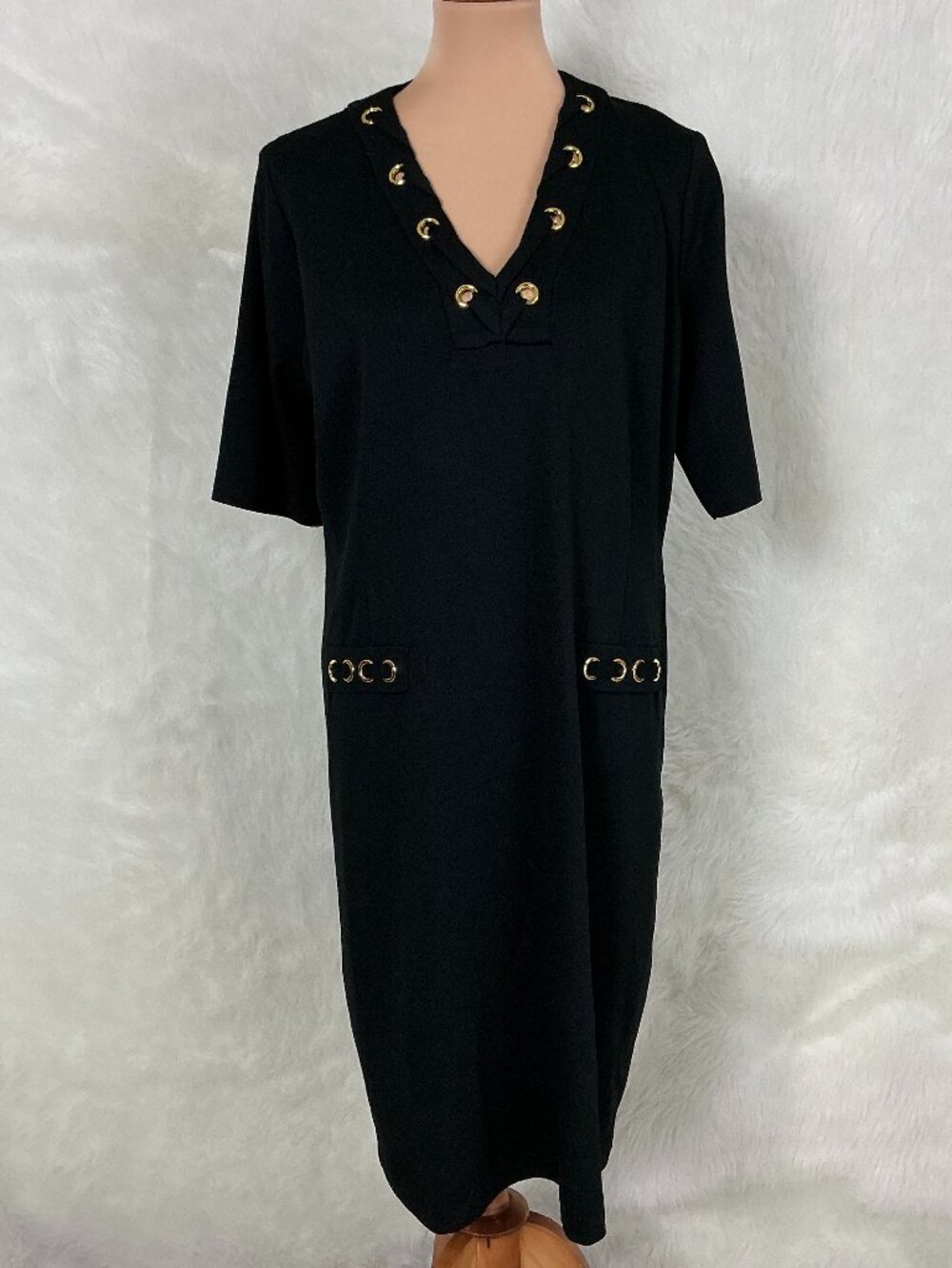 Ming Wang Black Knit Gold Grommet Laced V-Neck Dress L